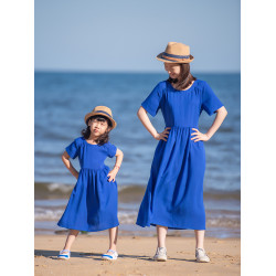 小樂往原創親子裝124課 夏寶藍色文藝母女裝海邊度假拍照連衣裙