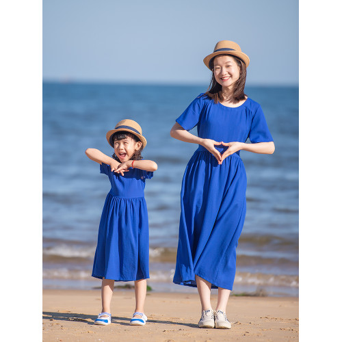 小樂往原創親子裝124課 夏寶藍色文藝母女裝海邊度假拍照連衣裙