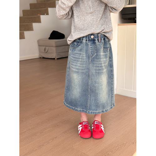 兒童洋氣磨白半身裙女童時髦百搭中長款開叉牛仔裙中大童春裝裙子