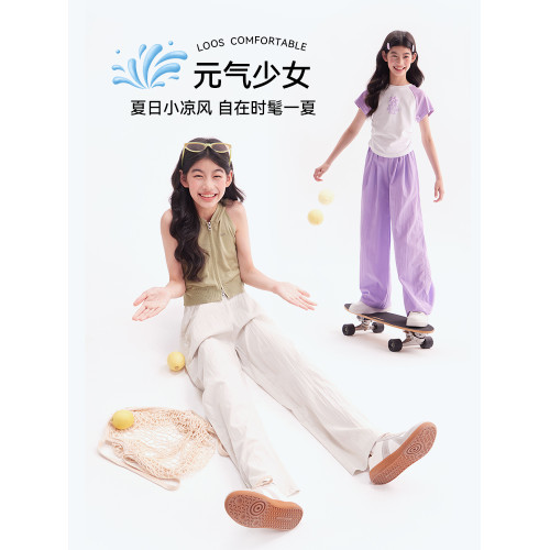 女童褲子濶腿褲夏季薄款兒童初中生女孩寬松休閒山本長褲大童夏裝