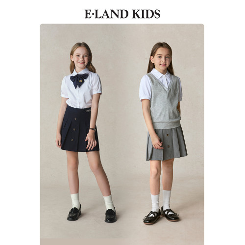 eland kids衣戀童裝女童短裙2025年夏季新品學院風刺綉百褶裙畢業