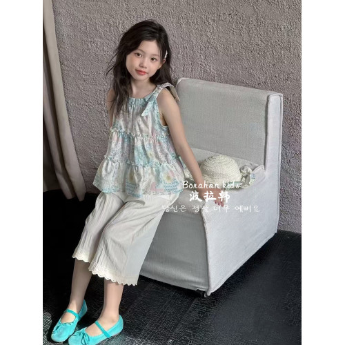 波拉韓女童娃娃衫夏季上衣2025新款兒童無袖襯衣小女孩碎花吊帶衫