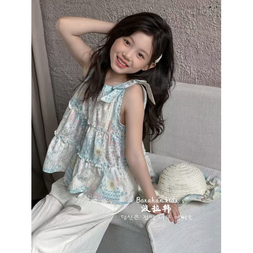 波拉韓女童娃娃衫夏季上衣2025新款兒童無袖襯衣小女孩碎花吊帶衫