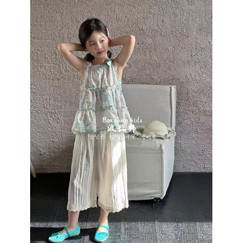 波拉韓女童娃娃衫夏季上衣2025新款兒童無袖襯衣小女孩碎花吊帶衫