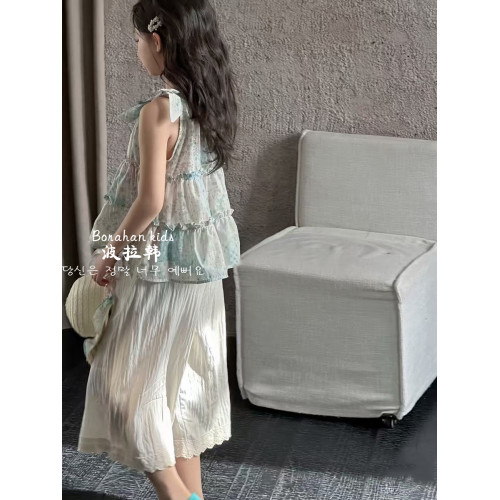 波拉韓女童娃娃衫夏季上衣2025新款兒童無袖襯衣小女孩碎花吊帶衫