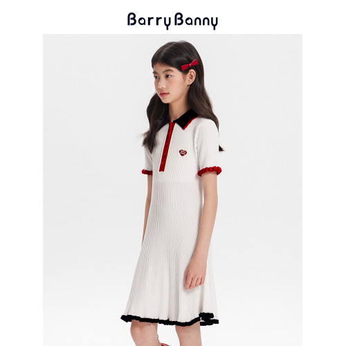 BarryBanny女童波浪紋冰絲連衣裙夏季新款中大童俏皮針織POLO裙