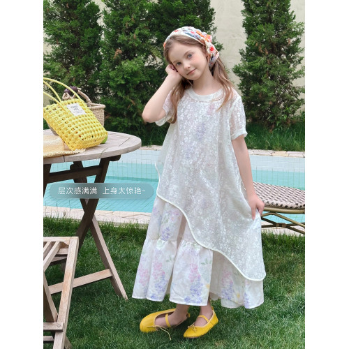 【如夢令】藍小爸童裝女童親子不規則上衣吊帶裙夏季新款蕾絲套裝