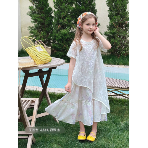 【如夢令】藍小爸童裝女童親子不規則上衣吊帶裙夏季新款蕾絲套裝