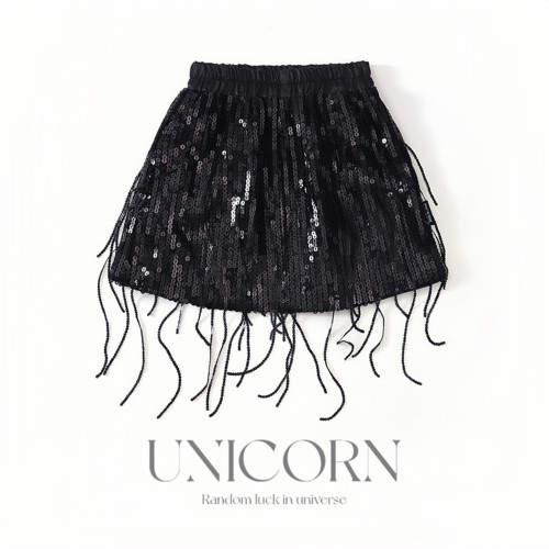 UNICORN女童25年夏季設計新款亮片流蘇半身裙時尚短裙演出百搭裙