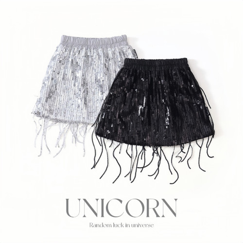 UNICORN女童25年夏季設計新款亮片流蘇半身裙時尚短裙演出百搭裙