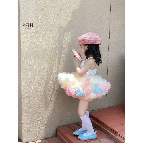 女童吊帶tutu裙套裝2025夏季新款女童韓版花邊白色鏤空吊帶蓬蓬裙