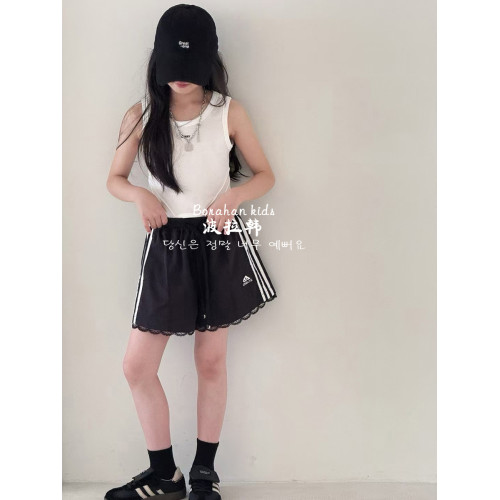 波拉韓夏季女童蕾絲拼接短褲2025女孩運動短褲中大童熱褲三分褲子