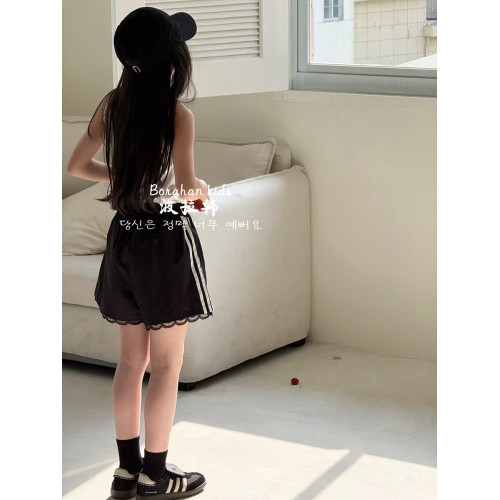 波拉韓夏季女童蕾絲拼接短褲2025女孩運動短褲中大童熱褲三分褲子