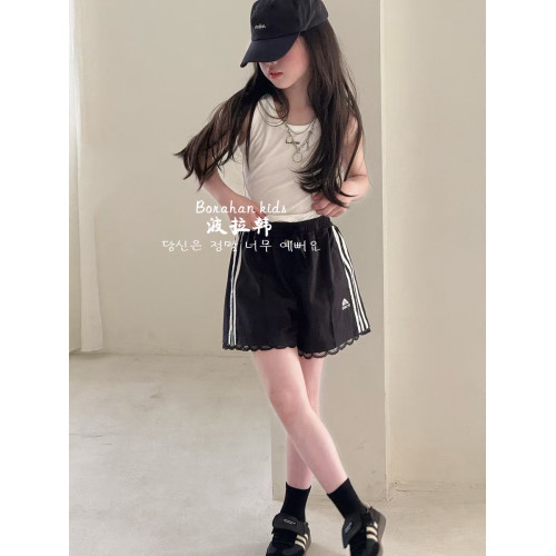 波拉韓夏季女童蕾絲拼接短褲2025女孩運動短褲中大童熱褲三分褲子