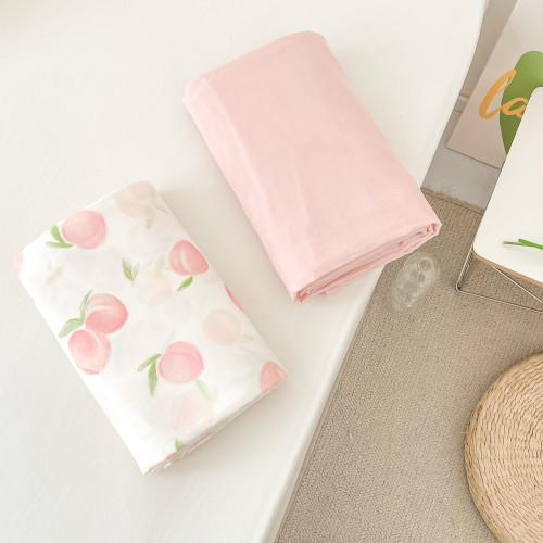 桃子心事｜敲美の少女粉色小桃原創設計全棉雙層紗床單床包柔軟款