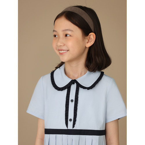 哈齒童裝夏季兒童花邊百褶裙藍色學院風女童短袖連衣裙中大童夏裝