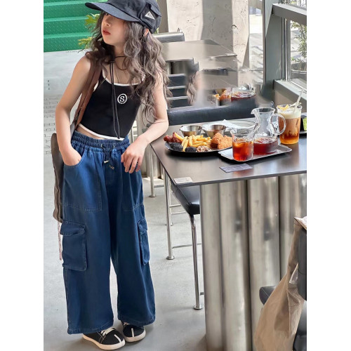 波拉韓童裝女童洋氣工裝褲2025夏裝兒童薄款牛仔褲中大童直筒褲子