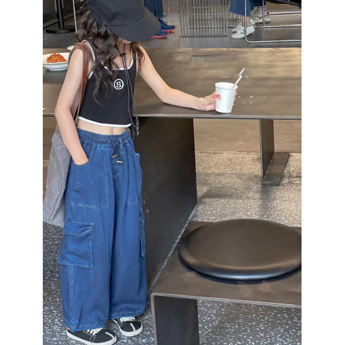 波拉韓童裝女童洋氣工裝褲2025夏裝兒童薄款牛仔褲中大童直筒褲子