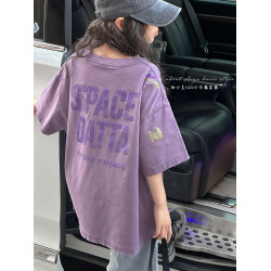 彩銀設計女童夏季短袖T恤2025新款兒童上衣女大童做舊半袖洋氣薄t