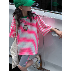 韓國童裝女童T恤兒童短袖上衣2025夏裝新款女大童條紋衣服百搭潮t