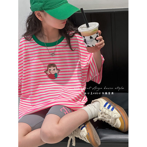 韓國童裝女童T恤兒童短袖上衣2025夏裝新款女大童條紋衣服百搭潮t