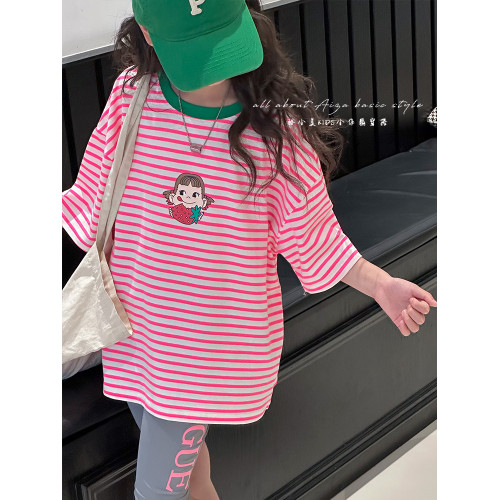 韓國童裝女童T恤兒童短袖上衣2025夏裝新款女大童條紋衣服百搭潮t