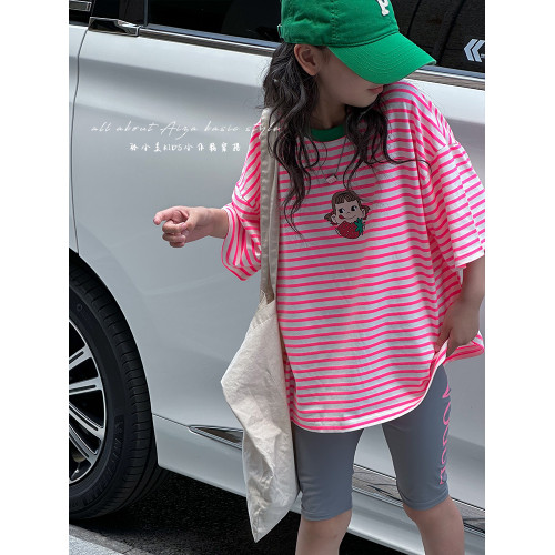 韓國童裝女童T恤兒童短袖上衣2025夏裝新款女大童條紋衣服百搭潮t