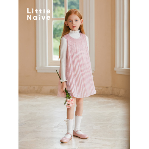 LittleNaive兒童春夏連衣裙無袖壓褶粉色裙子女童閃閃高級背心裙
