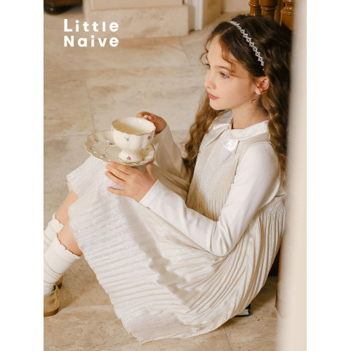 LittleNaive兒童春夏連衣裙無袖壓褶粉色裙子女童閃閃高級背心裙