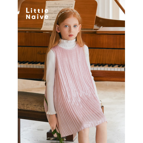 LittleNaive兒童春夏連衣裙無袖壓褶粉色裙子女童閃閃高級背心裙