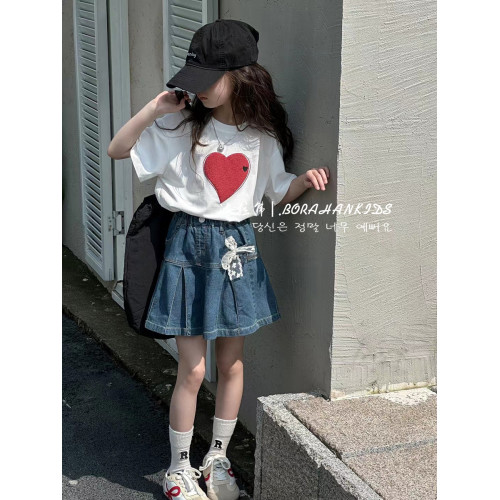 女童短袖愛心T恤2025夏季韓版小女孩圓領上衣兒童洋氣半袖體恤潮t