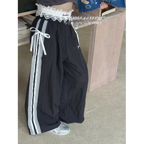 波拉韓女童蝴蝶褲夏季兒童2025款直筒蕾絲花邊褲中大童寬松休閒褲