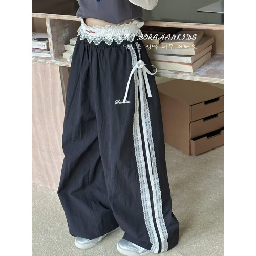 波拉韓女童蝴蝶褲夏季兒童2025款直筒蕾絲花邊褲中大童寬松休閒褲
