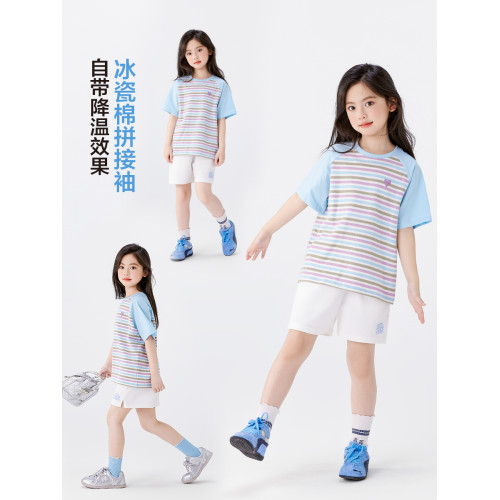 左西女童短袖T恤兒童冰淇淋條紋T2025新款女孩夏季超好看上衣半袖