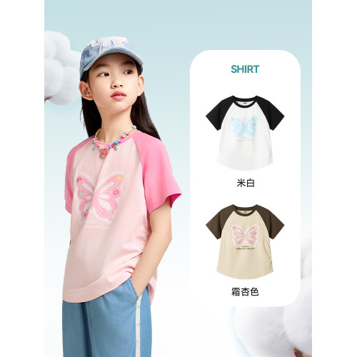 【記憶棉彈彈T】安奈兒童裝女童短袖T恤2025夏新款時尚蝴蝶甜美