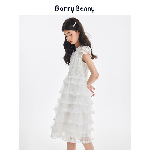 BarryBanny女童蕾絲連衣裙夏季新款兒童禮服裙輕盈網紗圓領公主裙