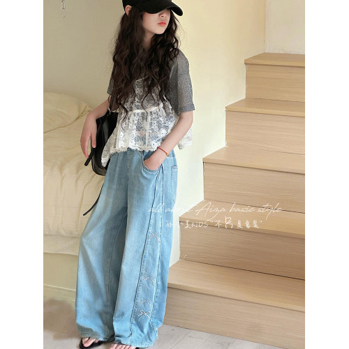 孫小美kids韓系蝴蝶結女童春夏牛仔褲2025夏裝新款兒童濶腿褲子薄