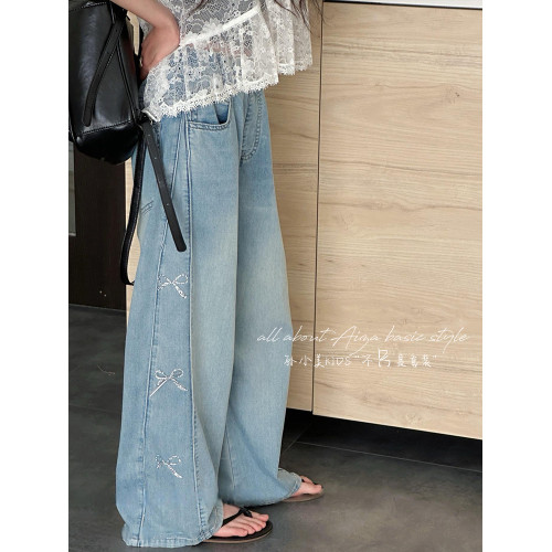 孫小美kids韓系蝴蝶結女童春夏牛仔褲2025夏裝新款兒童濶腿褲子薄