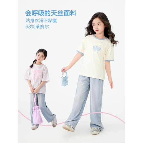 左西女童天絲牛仔褲夏季涼感透氣褲子2025新款兒童垂感洋氣直筒褲