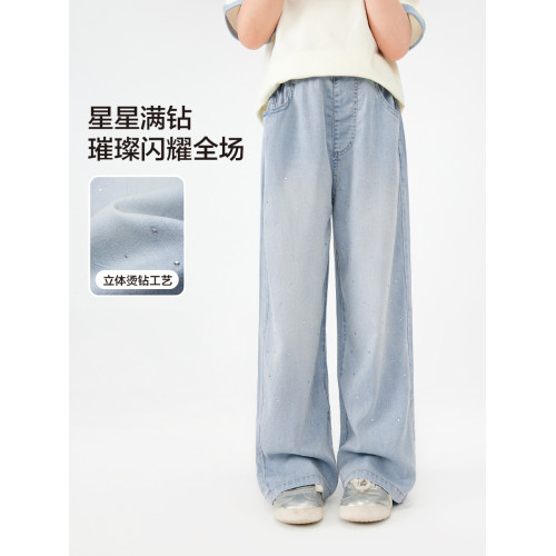 左西女童天絲牛仔褲夏季涼感透氣褲子2025新款兒童垂感洋氣直筒褲