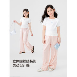 【特惠清倉】左西女童褲子夏季薄款透氣濶腿褲兒童洋氣甜美休閒褲