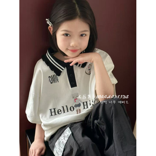 波拉韓女童夏季短袖T恤2025新款兒童翻領POLO衫女孩洋氣休閒上衣