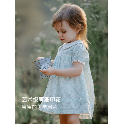 Oak Family夏季新品女童短袖連衣裙法式泡泡袖全棉府綢寶寶裙子