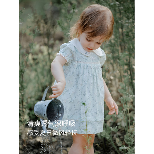 Oak Family夏季新品女童短袖連衣裙法式泡泡袖全棉府綢寶寶裙子