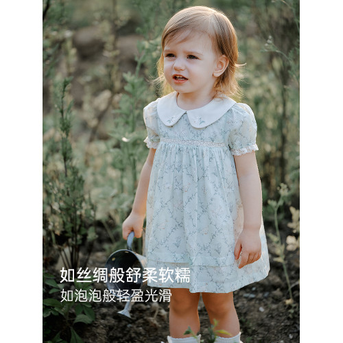 Oak Family夏季新品女童短袖連衣裙法式泡泡袖全棉府綢寶寶裙子