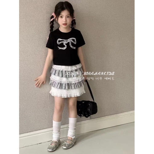 波拉韓夏季蝴蝶結短袖女童2025新款兒童圓領上衣小女孩時髦半袖t