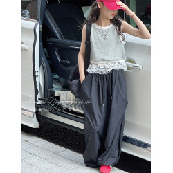 空氣感超薄蕾絲花邊女童工裝褲夏裝兒童休閒蘿蔔褲子2025新款春秋