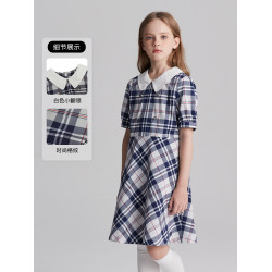 eland kids衣戀童裝女童連衣裙夏季兒童復古學院風格紋裙子洋氣