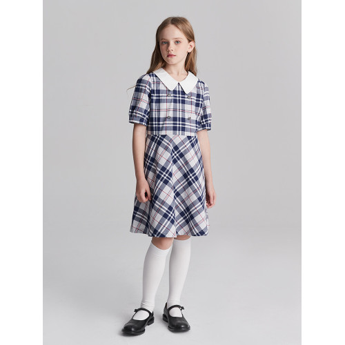 eland kids衣戀童裝女童連衣裙夏季兒童復古學院風格紋裙子洋氣