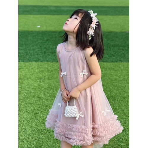女童無袖立體蝴蝶結網紗裙2025夏裝女寶女童甜美連衣裙子